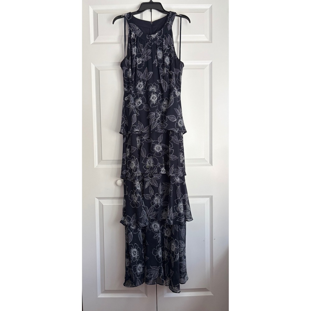 Tommy Hilfiger Navy Blue White Floral Chiffon Tiered Maxi Dress Gown Halter Sz16